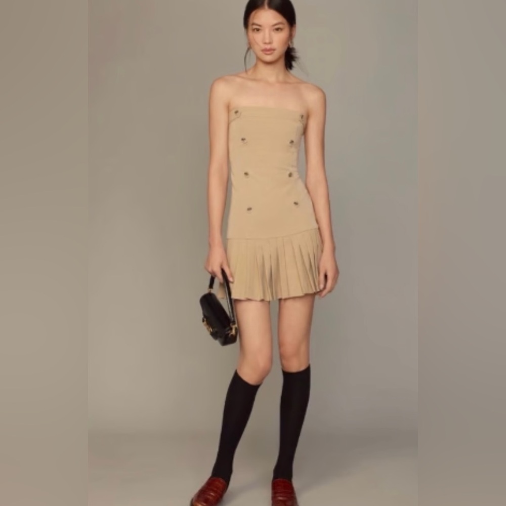 Maeve Strapless Taupe Button-Front Mini Dress - Picture 5 of 10